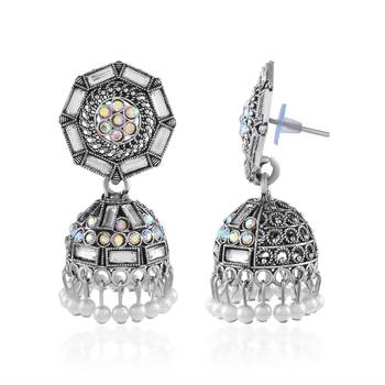 Memoir brass oxidised silverplated kundan polki traditional women jhumka earrings 2