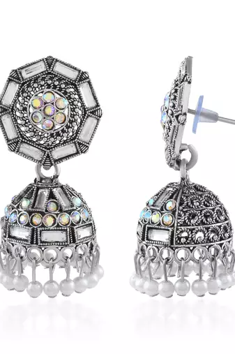 Memoir brass oxidised silverplated kundan polki traditional women jhumka earrings