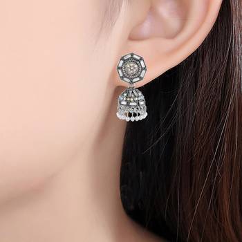 Memoir brass oxidised silverplated kundan polki traditional women jhumka earrings 3