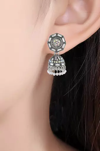 Memoir brass oxidised silverplated kundan polki traditional women jhumka earrings