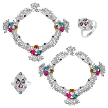 Memoir silver plated rare and exclusive, 1.50 inch broad, 85 gms. heavy ghungroo studded colorful anklet 1