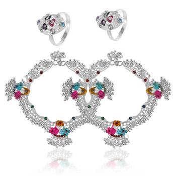 Memoir silver plated rare and exclusive, 1.50 inch broad, 85 gms. heavy ghungroo studded colorful anklet 2