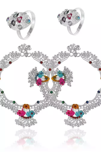 Memoir silver plated rare and exclusive, 1.50 inch broad, 85 gms. heavy ghungroo studded colorful anklet