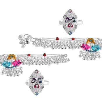 Memoir silver plated rare and exclusive, 1.50 inch broad, 85 gms. heavy ghungroo studded colorful anklet 3
