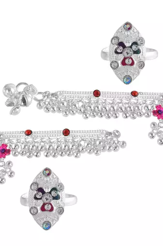 Memoir silver plated rare and exclusive, 1.50 inch broad, 85 gms. heavy ghungroo studded colorful anklet