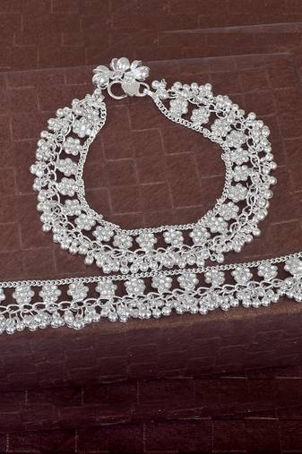 Memoir silver plated brass, cz studded flower pattern, jhalar ghungroo payal