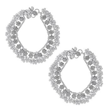 Memoir silver plated brass, cz studded flower pattern, jhalar ghungroo payal 2