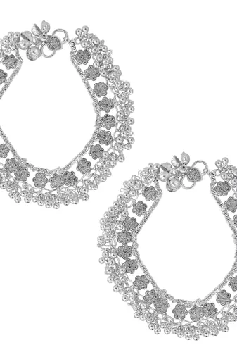 Memoir silver plated brass, cz studded flower pattern, jhalar ghungroo payal