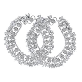 Memoir silver plated brass, cz studded flower pattern, jhalar ghungroo payal 3