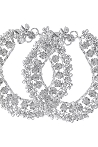 Memoir silver plated brass, cz studded flower pattern, jhalar ghungroo payal