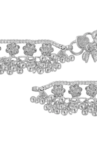 Memoir silver plated brass, cz studded flower pattern, jhalar ghungroo payal