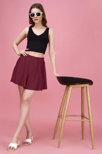 Maroon Plain Solid Nylon Soft Mini Skirt for Women