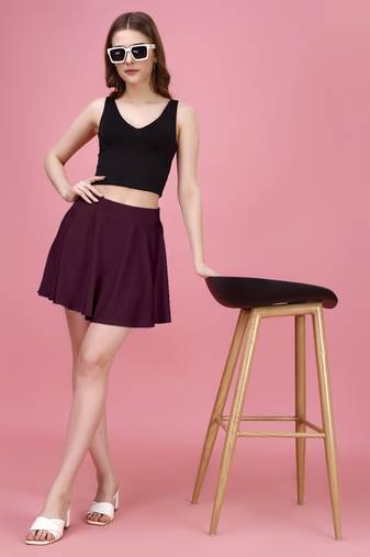 Purple Wine Plain Solid Nylon Soft Mini Skirt for Women