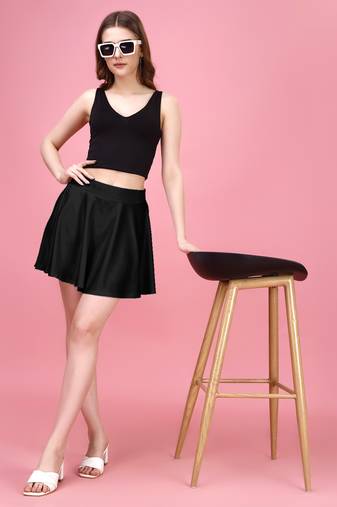 Black Plain Solid Nylon Soft Mini Skirts for women