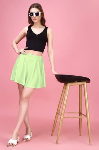 Green Plain Solid Nylon Soft Mini Skirts for women