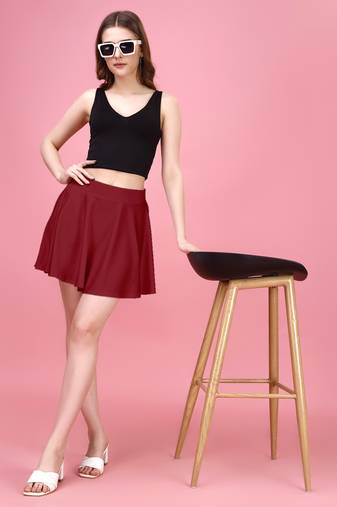 Red Plain Solid Nylon Soft Mini Skirt for Women