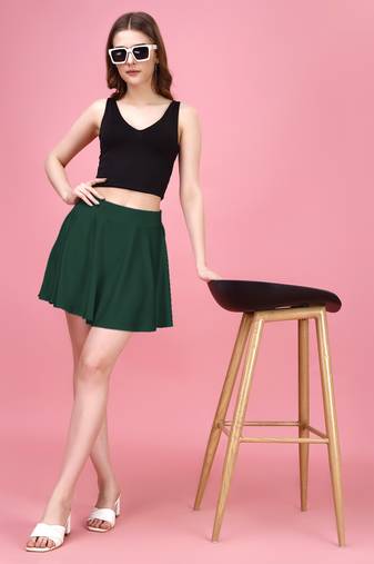 Green Plain Solid Nylon Soft Mini Skirts for women