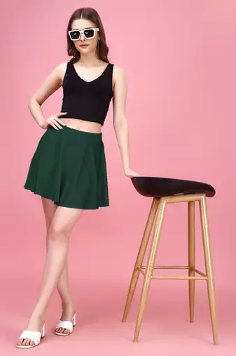 Green Plain Solid Nylon Soft Mini Skirts for women
