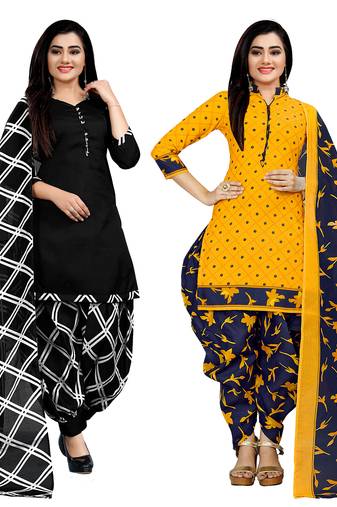 black & yellow cotton printed unstitched salwar suit material (combo of 2)