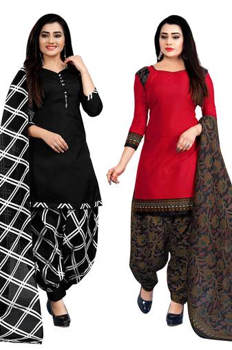 black & red cotton printed unstitched salwar suit material (combo of 2)