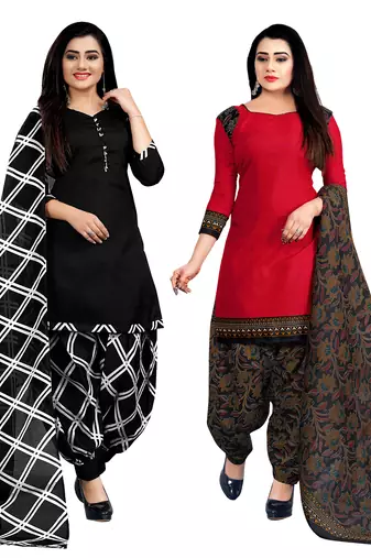 black & red cotton printed unstitched salwar suit material (combo of 2)