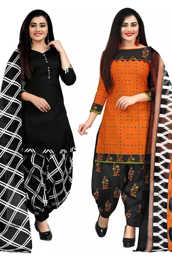 black and orange cotton printed unstitched salwar suit material (combo of 2)