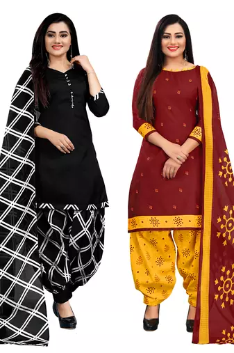 black & maroon cotton printed unstitched salwar suit material (combo of 2)