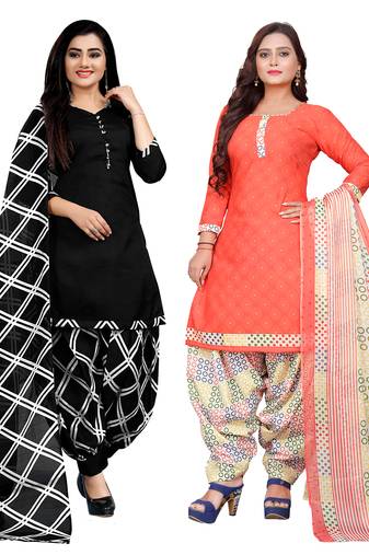 black & peach cotton printed unstitched salwar suit material (combo of 2)