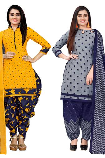 yellow and grey cotton printed unstitched salwar suit material (combo of 2)