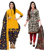yellow & beige cotton printed unstitched salwar suit material (combo of 2)