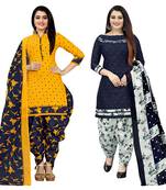 yellow and navy blue cotton printed unstitched salwar suit material (combo of 2)