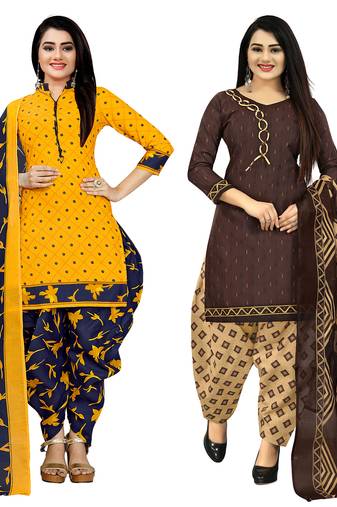 yellow and brown cotton printed unstitched salwar suit material (combo of 2)