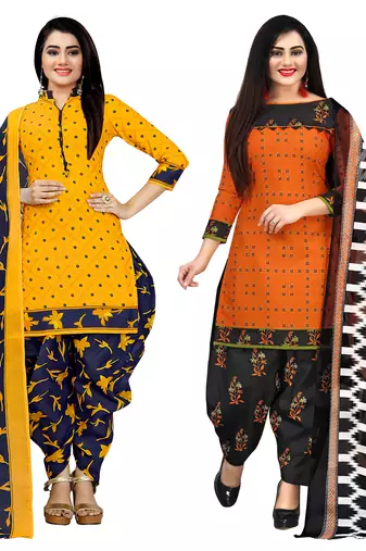 yellow and orange cotton printed unstitched salwar suit material (combo of 2)