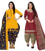 yellow and red cotton printed unstitched salwar suit material (combo of 2)