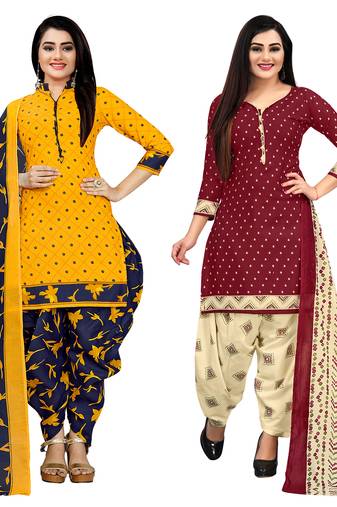 yellow and maroon cotton printed unstitched salwar suit material (combo of 2)