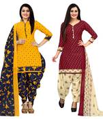 yellow and maroon cotton printed unstitched salwar suit material (combo of 2)