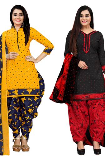 Rajnandini yellow and black cotton printed unstitched salwar suit material (combo of 2)