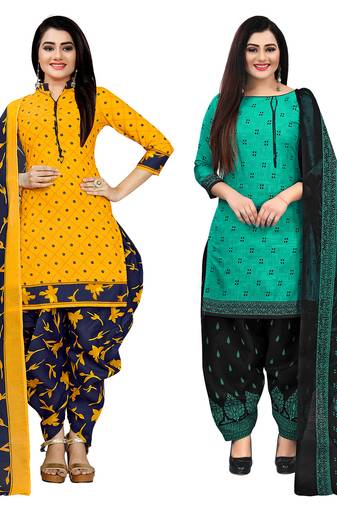yellow and green cotton printed unstitched salwar suit material (combo of 2)