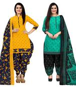 yellow and green cotton printed unstitched salwar suit material (combo of 2)