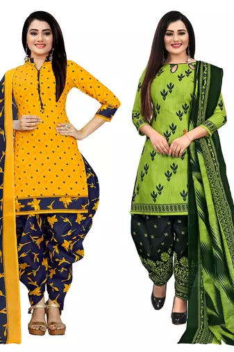 yellow and parrot green cotton printed unstitched salwar suit material (combo of 2)