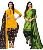 yellow and parrot green cotton printed unstitched salwar suit material (combo of 2)