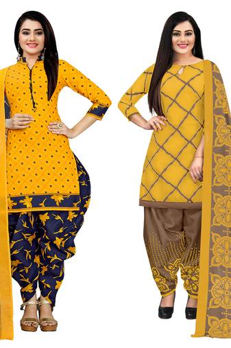 yellow and yellow cotton printed unstitched salwar suit material (combo of 2)