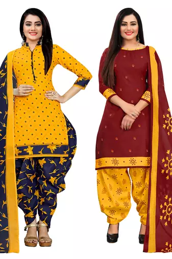 yellow and maroon cotton printed unstitched salwar suit material (combo of 2)