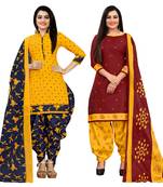 yellow and maroon cotton printed unstitched salwar suit material (combo of 2)