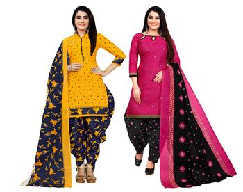 yellow & magenta cotton printed unstitched salwar suit material (combo of 2) 1