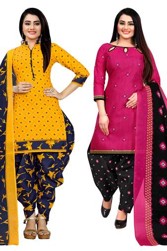 yellow & magenta cotton printed unstitched salwar suit material (combo of 2)