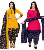yellow and dark pink cotton printed unstitched salwar suit material (combo of 2)