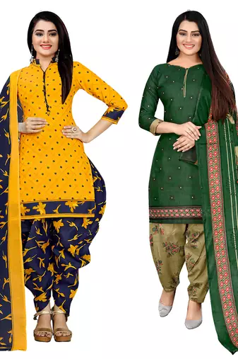 yellow and green cotton printed unstitched salwar suit material (combo of 2)
