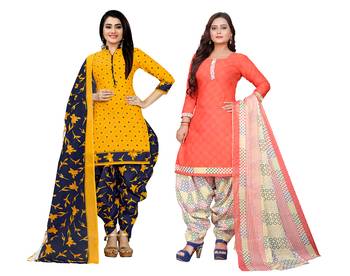 yellow & peach cotton printed unstitched salwar suit material (combo of 2) 1