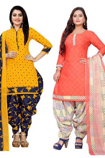 yellow & peach cotton printed unstitched salwar suit material (combo of 2)